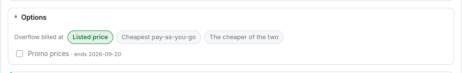 Promo prices off, showing the pre-promo list rates.