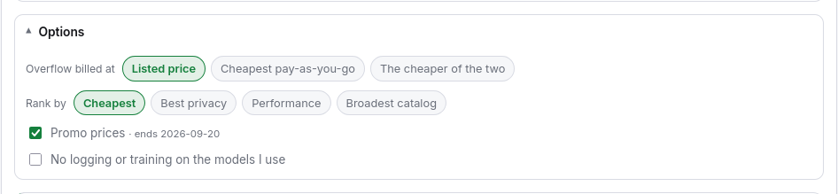 The options panel with the overflow base, the ranking basis and the privacy filter.
